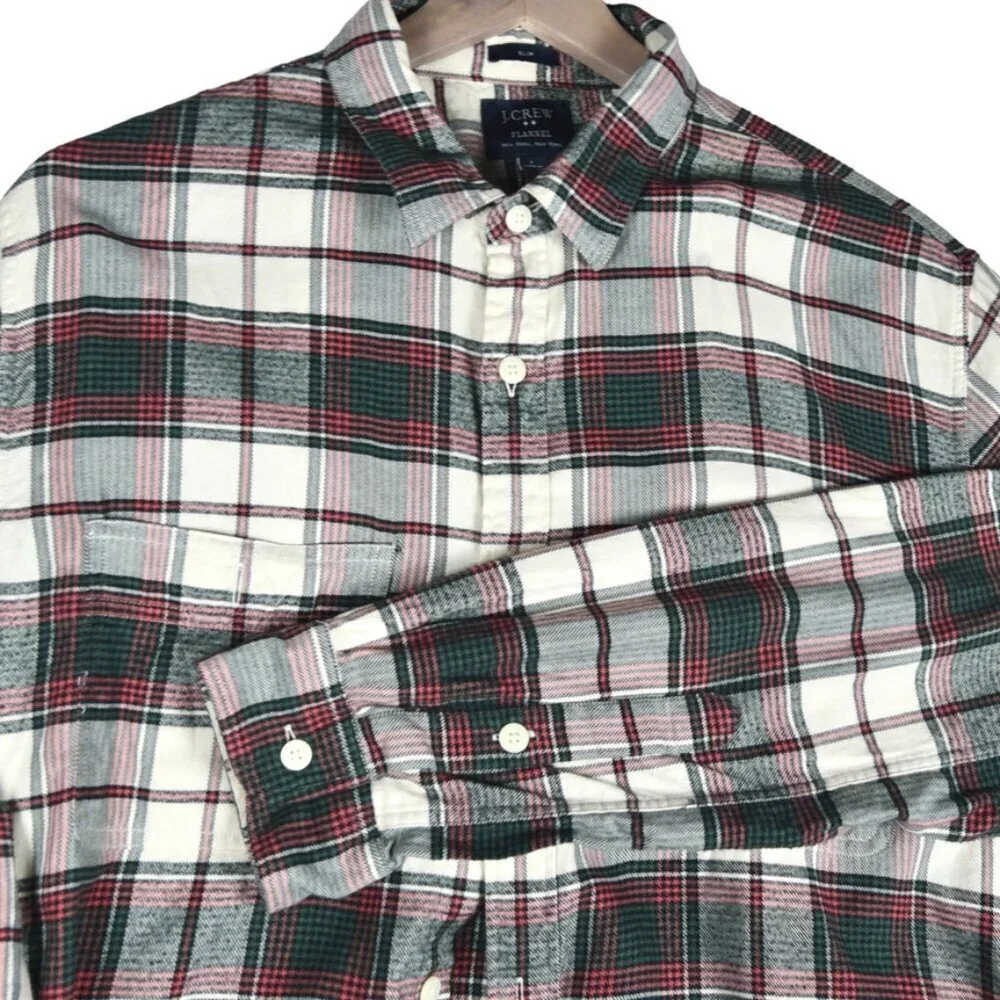 J. CREW Men's Slim Fit Flannel Shirt Sz L Ivory Green Plaid Grunge Hipster Soft